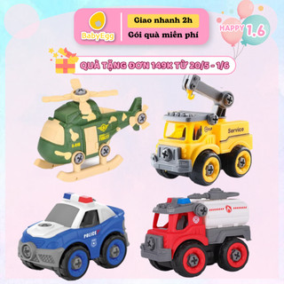 Set 4 Xe ô tô lắp ghép mô hình cảnh sát cứu hỏa máy xúc xe tải xe tăng sáng tạo cho bé trai bé gái DIY 3 4 5 tuổi BabyEg