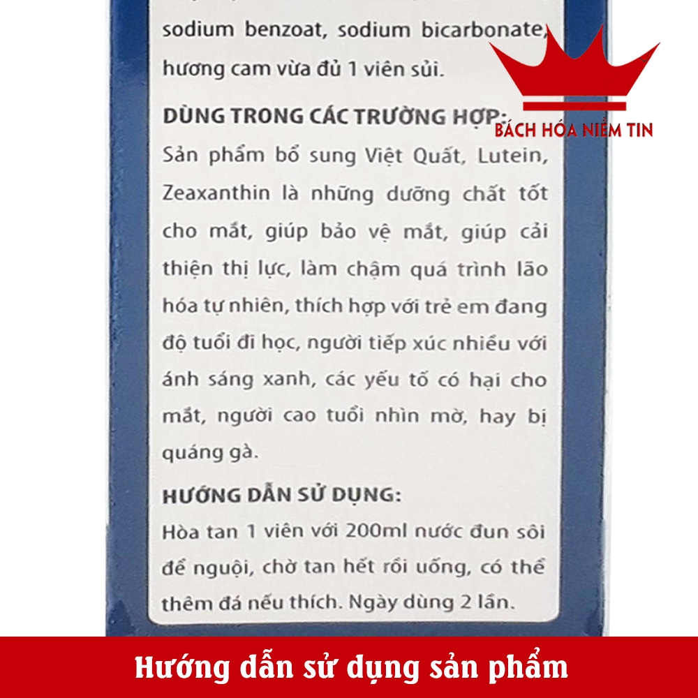 Viên sủi TÂM NHÃN VƯƠNG- Thành phần cao việt quất, lutein,.. Giúp cải thiện thị lực, giảm khô, mỏi mắt - Tuýp 20 viên