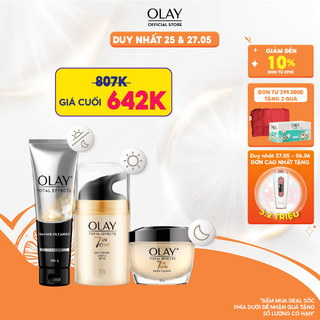Combo 3: Kem Dưỡng Ẩm Ngày & Đêm + Sữa Rửa Mặt Phục Hồi & Làm Chậm 7 Dấu Hiệu Lão Hóa OLAY TOTAL EFFECTS (50G X2 + 100G)
