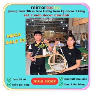 Gương tròn treo tường . Gương trang điểm viền gỗ decor trang trí kích thước tròn 30cm tặng kèm kệ gỗ decor mirrortoctoc