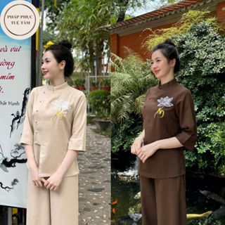 Set quần áo đi chùa cổ trụ nút cài, Bộ phật tử đồ lam đi chùa tà lệch thêu sen chất liệu đũi cao cấp