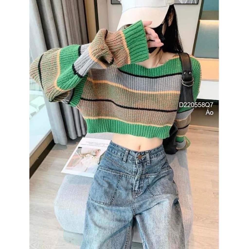 Áo len kẻ sọc dáng croptop phối màu tay dài hàng QC! (hàng sẵn)