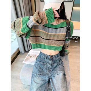 Áo len kẻ sọc dáng croptop phối màu tay dài hàng QC!