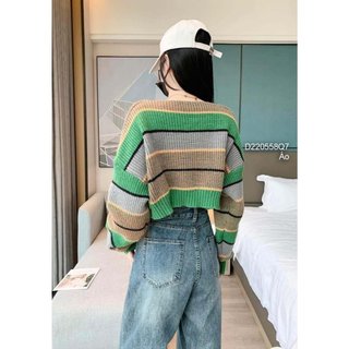 Áo len kẻ sọc dáng croptop phối màu tay dài hàng QC! (hàng sẵn)