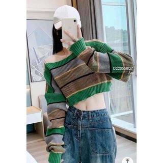 Áo len kẻ sọc dáng croptop phối màu tay dài hàng QC! (hàng sẵn)