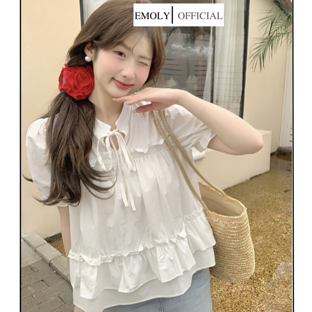 Áo kiểu màu trơn phối bèo xinh xắn, áo nữ cổ tàu phối tay phồng phong cách Hàn Quốc dễ thương