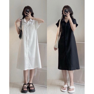 Váy bầu cộc tay sơ mi chất liệu đũi gân fom rộng mặc mát