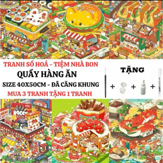 (40X50cm-CÓ BACKBOARD) Tranh tô màu theo số QUẦY HÀNG ĂN có sẵn khung, cọ vẽ, màu vẽ