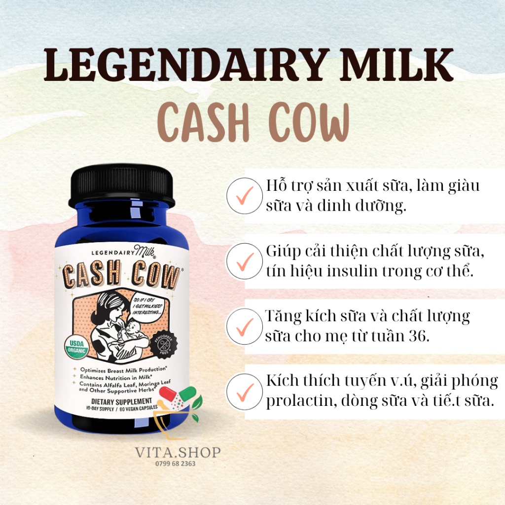 Viên Uống Lợi Sữa Hữu Cơ Tăng Kích Sữa, Chất Lượng Sữa Cho Mẹ Từ Tuần 36 Legendairy Milk Cash Cow