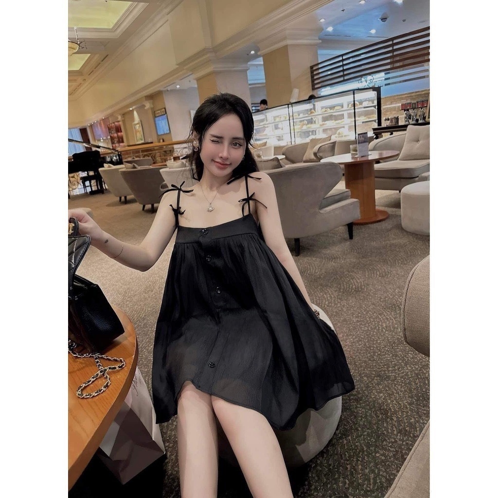 đầm babydoll váy babydoll hai dây kiểu dáng đính cúc voan tơ tiểu thư bánh bèo váy 2 dây đính nơ V266 SUTANO | BigBuy360 - bigbuy360.vn