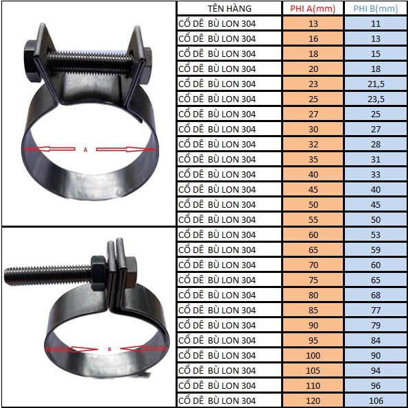 CỔ DÊ INOX 304 Phi A(Phi 13-120mm)