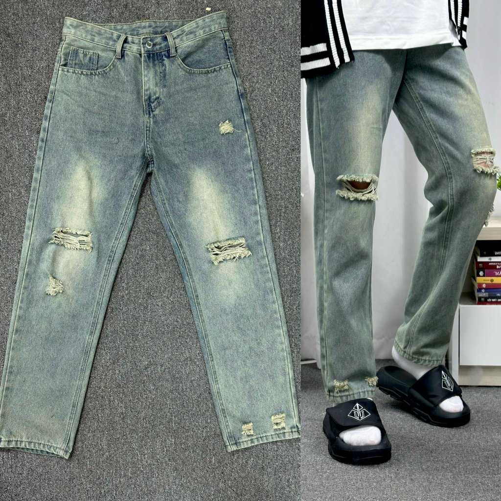Quần Jean Nam Baggy Form Suông Ống Rách Thời Trang,Quần Jean Nam Ống Suông XanhRêu Chất Liệu Cao Cấp