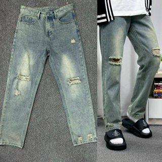 Quần Jean Nam Baggy Form Suông Ống Rách Thời Trang,Quần Jean Nam Ống Suông XanhRêu Chất Liệu Cao Cấp