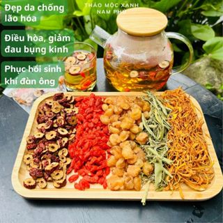  Trà Đông Trùng Hạ Thảo Ngũ Vị đẹp da chống lão hóa ngủ ngon hữu cơ sấy lạnh Thảo Mộc Xanh Nam Phú 
