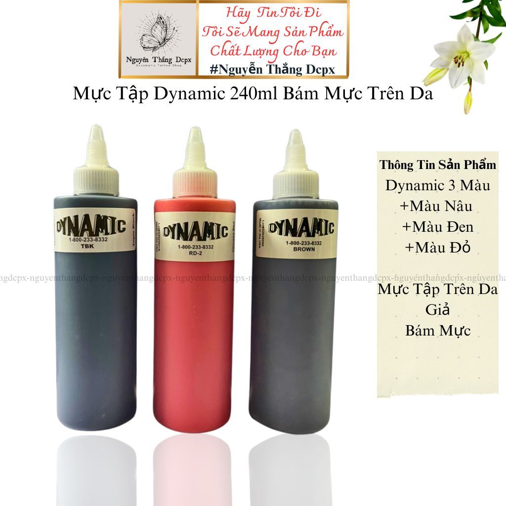 Mực xăm tattoo Dynamic,Mực Tập phun xăm 3 màu Đỏ Đen Nâu đặc bám màu nhanh 240ml