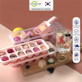 Bộ khay đá Hàn Quốc Twisted Double Ice Tray LivingOvoje-12 viên đáy silicon có nắp đậy và hộp đựng