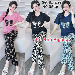  - Set Bộ Dài Bigsize Nữ Áo Thun Cổ Tròn Thêu Nơ Trước Ngực Phối Quần Mango Mịn Mát Giá Rẻ 50-95kg