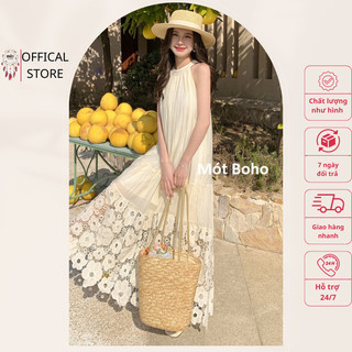 Váy yếm maxi đũi kem phối ren hoa buộc nơ sau cổ Mót Boho mã 14838