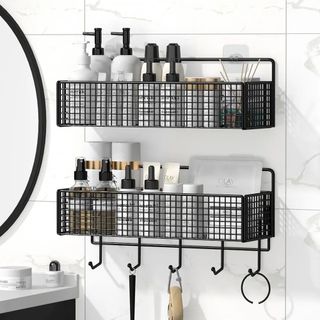 Kệ Đựng Đồ Nhà Tắm Dán Tường Kèm Móc Treo Tiện Lợi , Kệ Thép Sơn Tĩnh Điện Không Gỉ Chịu lực 5kg