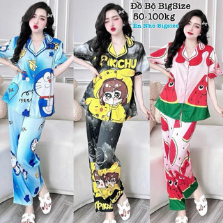 Đồ Bộ Bigsize - Đồ Ngủ Mặc Nhà Pijama Bigsize Lụa Xước Dài Tay Ngắn in 5D Cao Cấp Xinh Xắn 50-100kg Nho Nhung Nữ Women