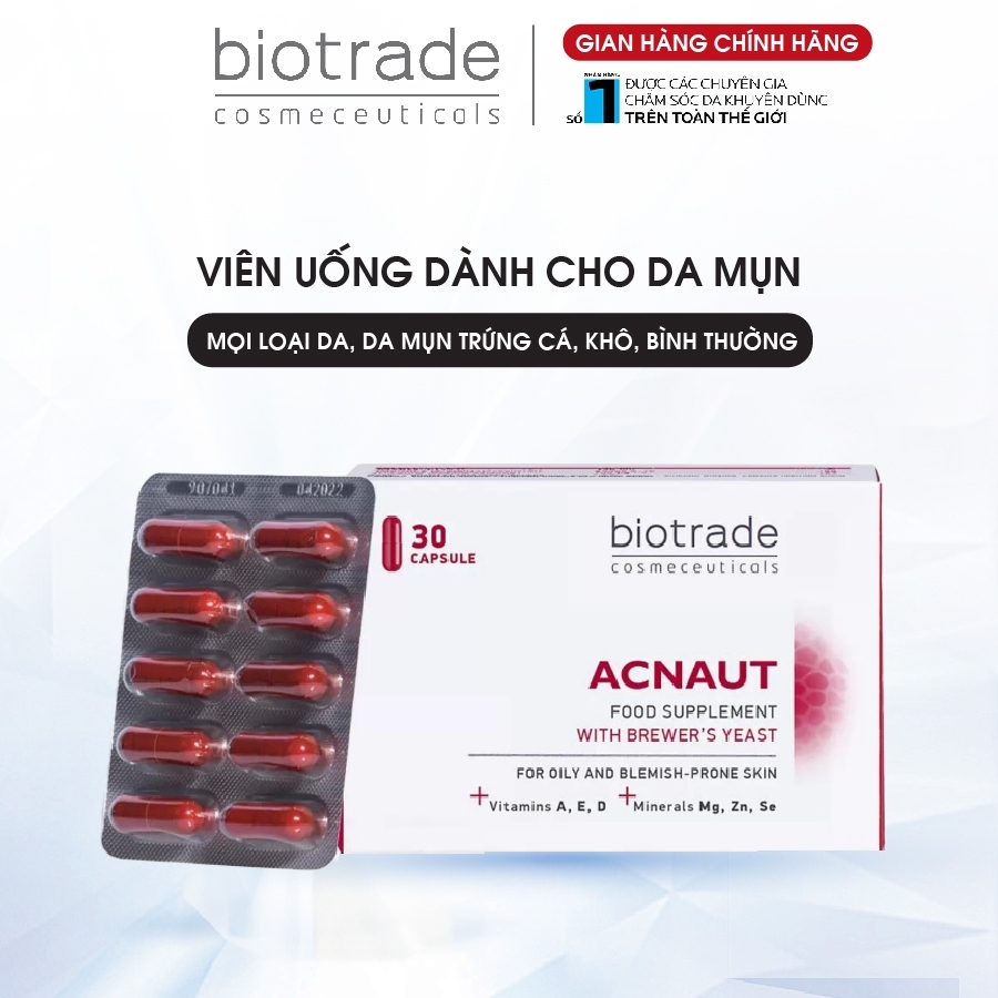 Viên uống giảm mụn Biotrade Acnaut Food Supplement mọi loại da,mụn trứng cá, khô, bình thường
