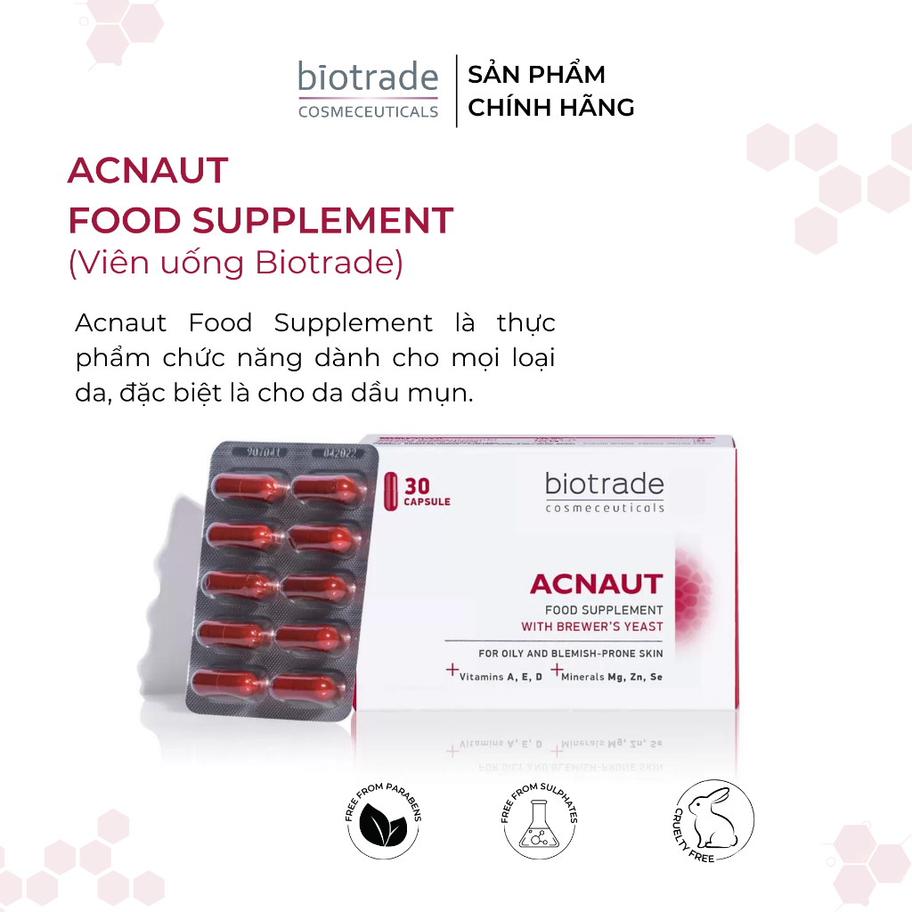 Viên uống giảm mụn Biotrade Acnaut Food Supplement mọi loại da,mụn trứng cá, khô, bình thường