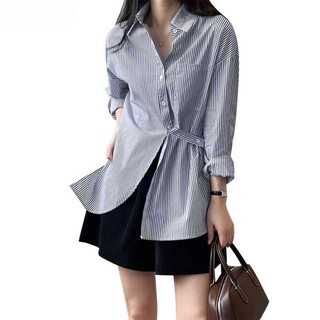 Áo Sơ Mi Kiểu Kẻ Sọc Thắt Eo 2 Màu Phong Cách Hàn Ap228
