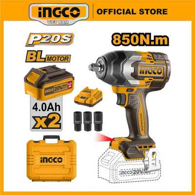 Máy siết bulong INGCO 850NM xe ô tô xe máy xe tải tháo mở ốc bulong pin KHÔNG CHỔI THAN CIWLI2085 kèm 1 sạc 2 pin 4ah
