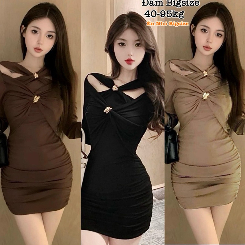Đầm Váy Bigsize HCM - Đầm Body Thun Gân Tăm Tay Dài Chéo Vai Ngực Co Giãn Thiết Kế Dự Tiệc Nữ Cao Cấ