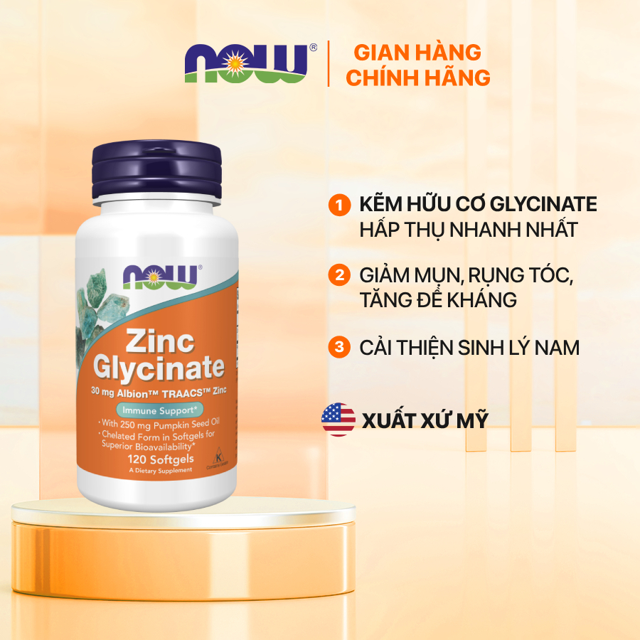 Kẽm hữu cơ Now Zinc Glycinate 30mg giúp giảm mụn, rụng tóc, hỗ trợ sinh lý, miễn dịch 120 viên từ Mỹ