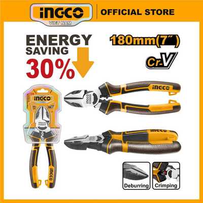 Kìm cắt cao cấp 7 inch 180mm có tích hợp bấm đầu cos chất liệu thép Crv Ingco HHLDCP28180 tay cầm 2 màu có trợ lực 30%