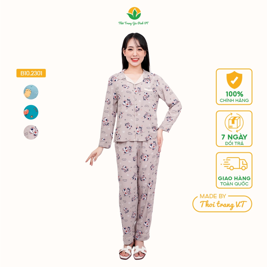 Bộ đồ mặc nhà lanh Việt Thắng , bộ ngủ Pijjama dài tay họa tiết dễ thương - B10.2301