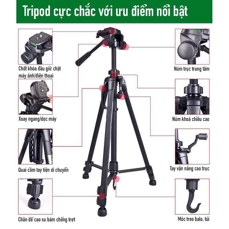 Tripod Điện Thoại Kiêm Chân Máy Ảnh,3520, 360 Độ 3 Chân Đa Năng, Điều Chỉnh Cao Thấp, Thiết Kế Chắc Chắn Cao 140cm-170cm