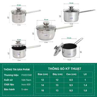 Nồi Quánh 3 đáy Fivestar Standard nắp kính, inox 430 , dùng được mọi bếp 12cm - 14cm- 16cm  , hàng chính hãng