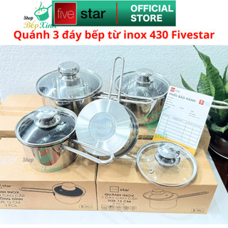 Quánh Inox nấu bột em bé FiveStar 3 đáy bếp từ nắp kính 12cm/14cm/16cm -Nồi nấu cháo bếp từ - hàng chính hãng