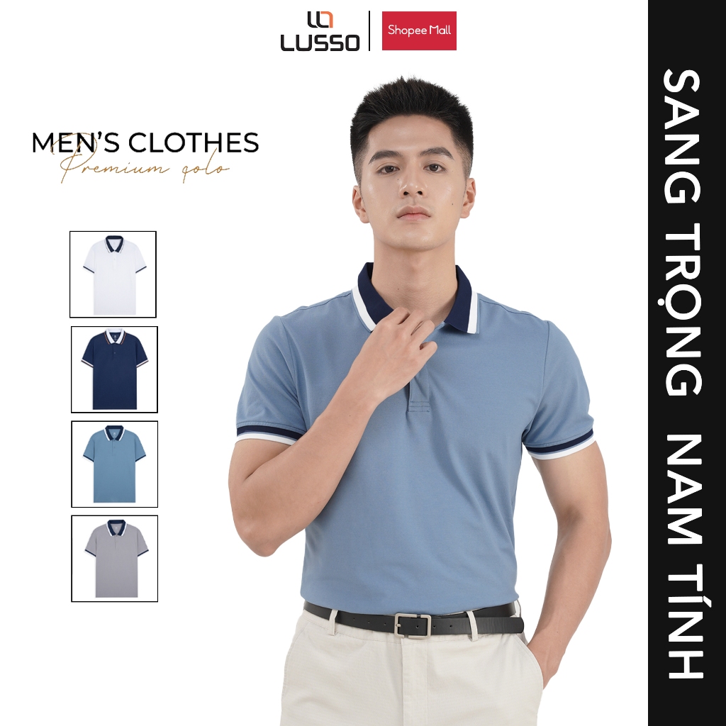 Áo Polo Nam Phối Cổ Ngắn Tay, Kiểu Dáng Slim Fit, Co Giãn 4 Chiều Thoáng Mát, Navy, Trắng, Lusso In thêu lebro TPL23-06