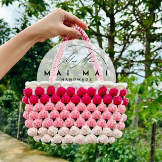 Túi xách hoa tulip len, giỏ hoa tulip, túi xách móc len, handmade, túi hot trend, túi xách vintage, mai mai h