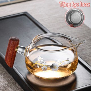 Tống trà thấp thủy tinh cao cấp quai gỗ + tặng kèm lọc inox 304