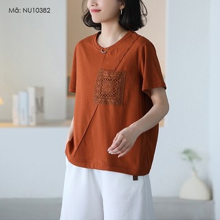 Áo T-shirt ngắn tay KAMAKA cổ tròn thêu trang trí ô vuông - NU10382