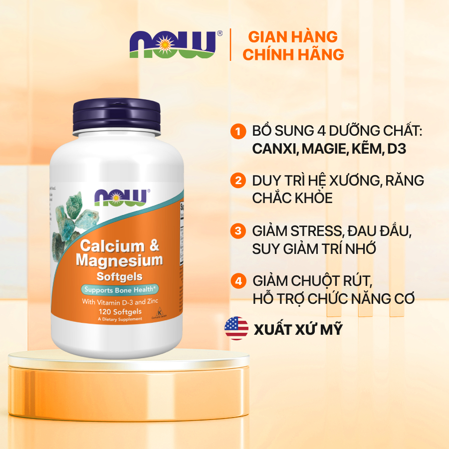 Canxi hữu cơ canxi, magie Calcium & Magnesium Now giúp xương chắc khỏe, hỗ trợ cơ bắp, trí nhớ, hệ miễn dịch 120 viên