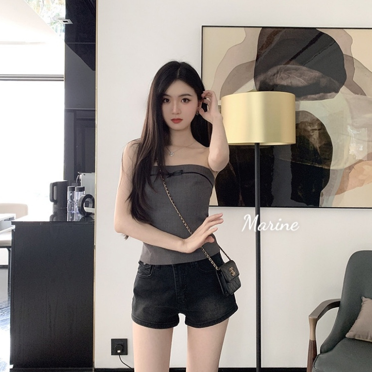 MARINE Áo quây chun nơ ngực phong cách retro Hàn Quốc [K76]