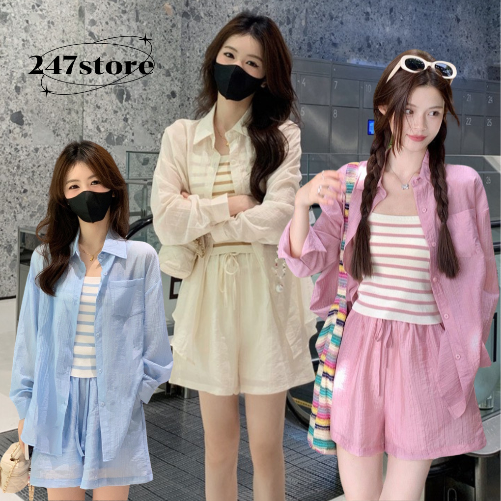 Set áo sơ mi kèm quần chất voan tơ mềm mỏng mặc đi biển đi chơi mùa hè cá tính - 247store - SetSMvoanto1500_P1