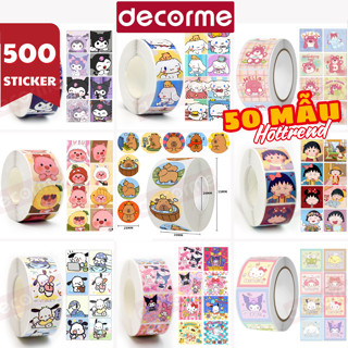 Cuộn 500 miếng tem dán kuromi, gấu dâu cute sticker chữ Thank You, tem bán hàng trang trí quà Decorme