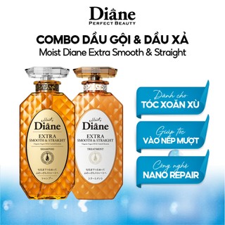 COMBO Dầu Gội Đầu, Dầu Xả Tóc Moist Diane Extra Smooth & Straight, Tóc Vào Nếp Thẳng Mượt
