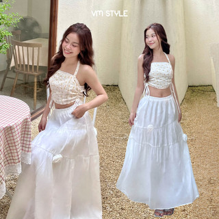 Chân váy dài nữ VMSTYLE 3 tầng đính hoa lưng chun xoè bồng bềnh 2 lớp đi biển, đi chơi CVD00108