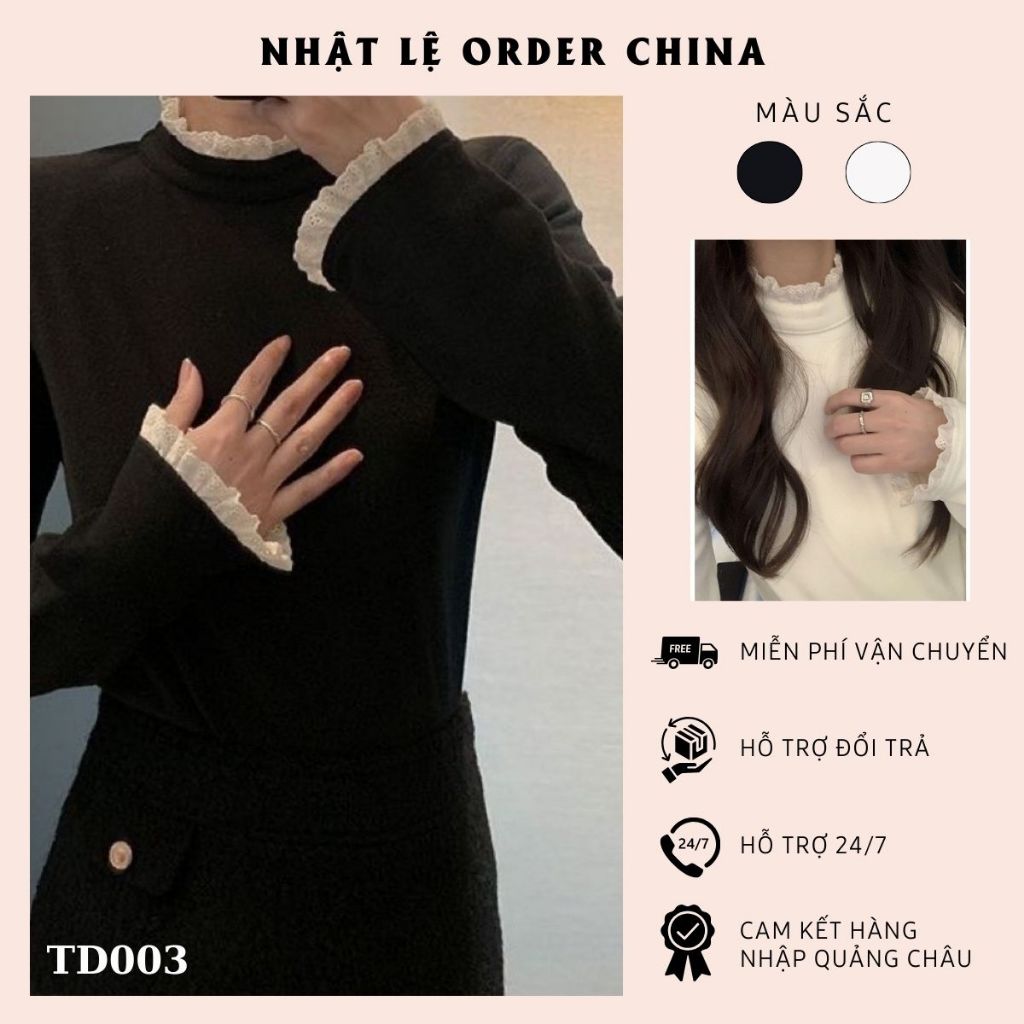Áo giữ nhiệt thun cổ và tay mix ren thiết kế mới thời trang theo phong cách Nhật Bản dành cho nữ Hàng QC- TD003