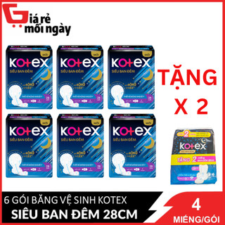 COMBO 6 gói băng vệ sinh Kotex Siêu ban đêm 28cm 4 miếng TẶNG 4 miếng cùng loại