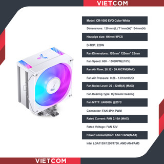 Tản nhiệt khí, tản nhiệt cpu jonsbo cr1000 evo rgb white. phiên bản màu trắng tự động đổi màu