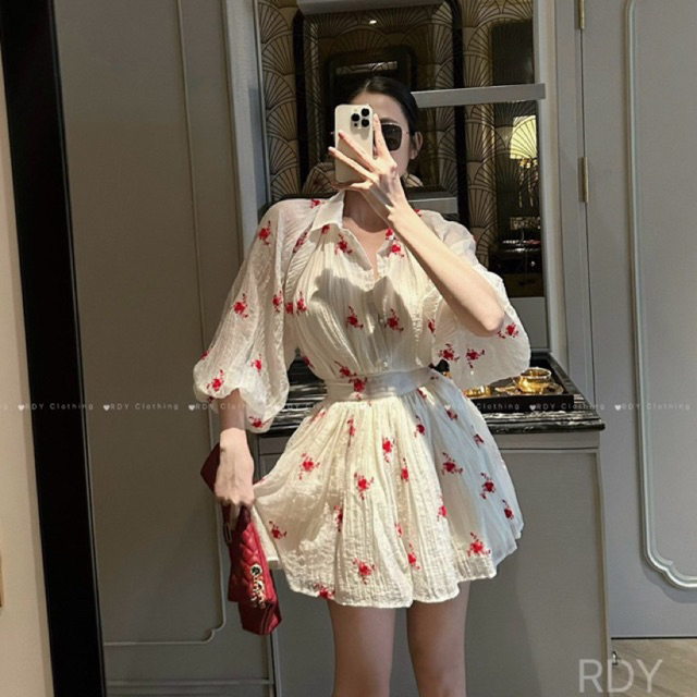 set áo+cv thêu hoa đỏ tiểu thư