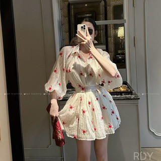 Set áo+cv thêu hoa đỏ tiểu thư